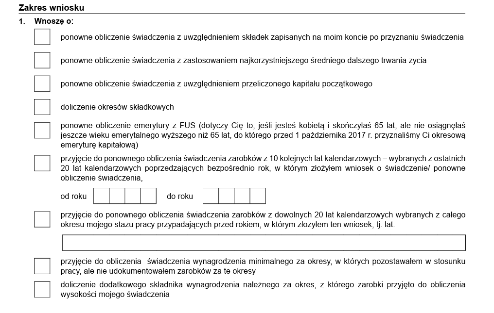 wzór wypełnionego wniosku o ponowne przeliczenie emerytury