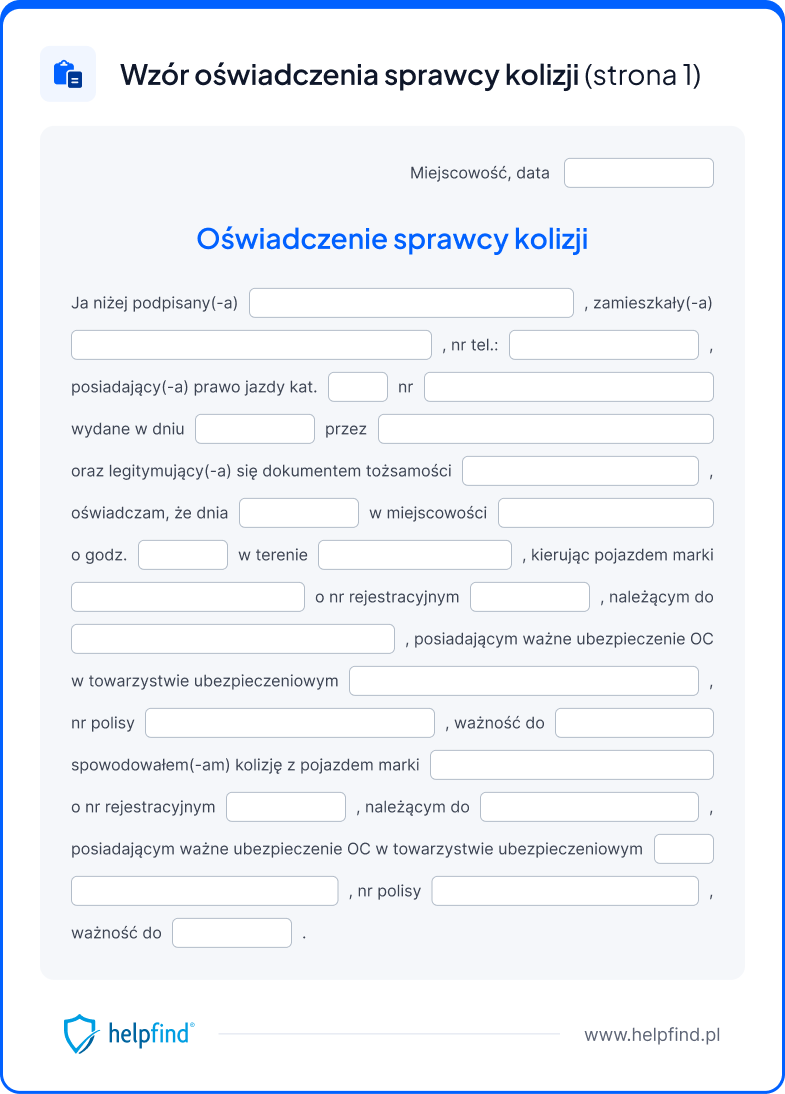 oświadczenie sprawcy kolizji drogowej przykładowa pierwsza strona