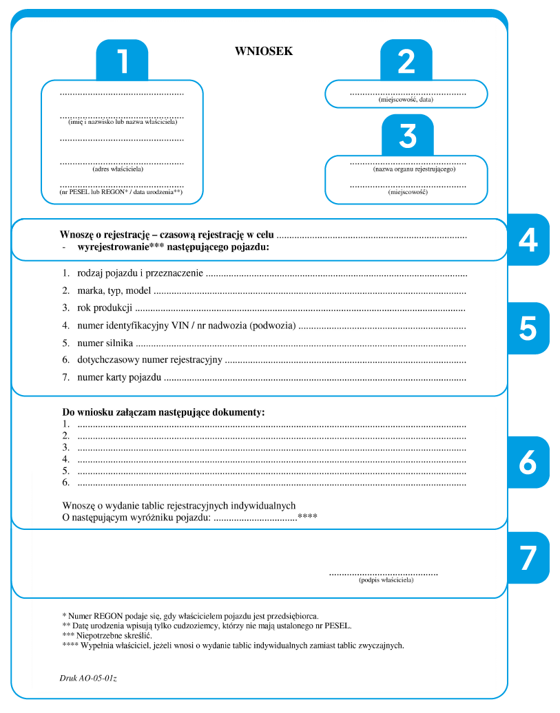 Wzór wniosku o rejestrację/wyrejestrowanie samochodu